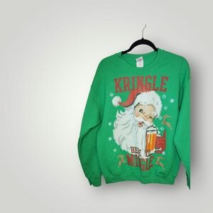 Kringle Here To Mingle Santa Men’s Green Christmas Sweatshirt Gildan Heavy M